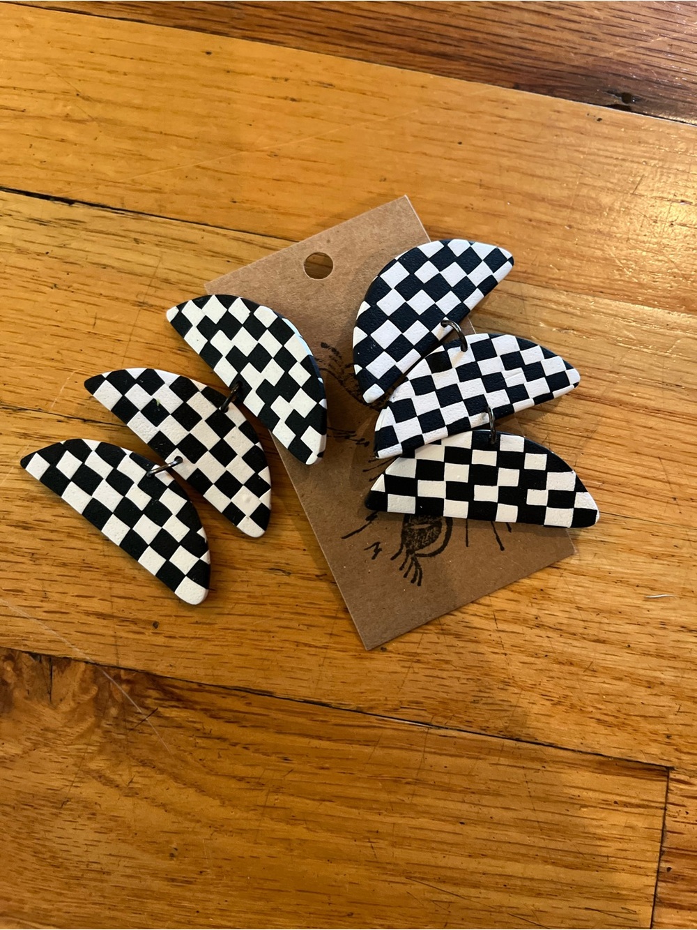 Handmade Black & White Checkered Half-Moon dangle Earrings polymer clay
